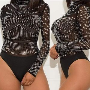 Women's Sexy Rhinestone Bodysuit, M, L